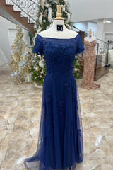 Homecoming Dress Formal, Dark Blue Off-Shoulder Floral A-line Long Mother of Brides Dress