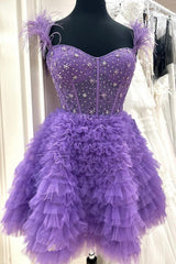 Evening Dress Vintage, Purple Tulle Beaded Knee Length Prom Dress, A-Line Party Dress
