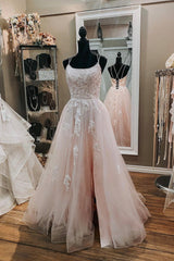 Homecoming Dress Sparkle, Pink Tulle Lace Long Formal Dresses, A-Line Evening Party Dresses