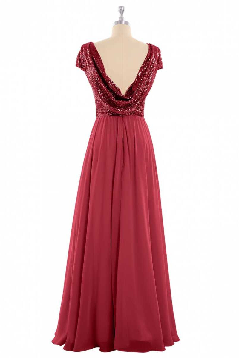 Prom Dress Shopping, Burgundy Sequin Cap Sleeve Backless A-Line Bridesmaid Dress