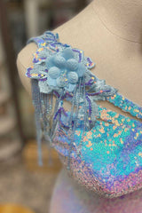 Bridesmaid Dress Modest, Light Blue Sequin One-Shoulder Flowers Short Party Dress