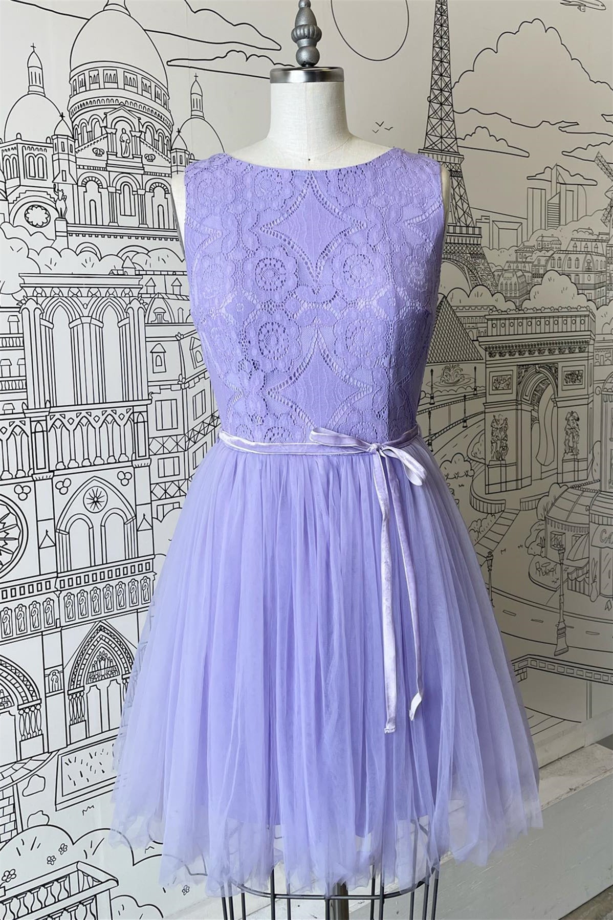 Gown, A-line Scoop Neck Tulle Lace Mini Bridesmaid Dress with Sash