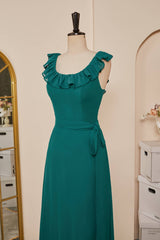 Party Dress Prom, Teal Ruffled Neck A-line Long Bridesmaid Dress with Sash