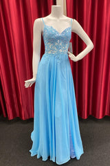 Gown Dress, Sky Blue Chiffon Floral Keyhole A-line Long Prom Dress