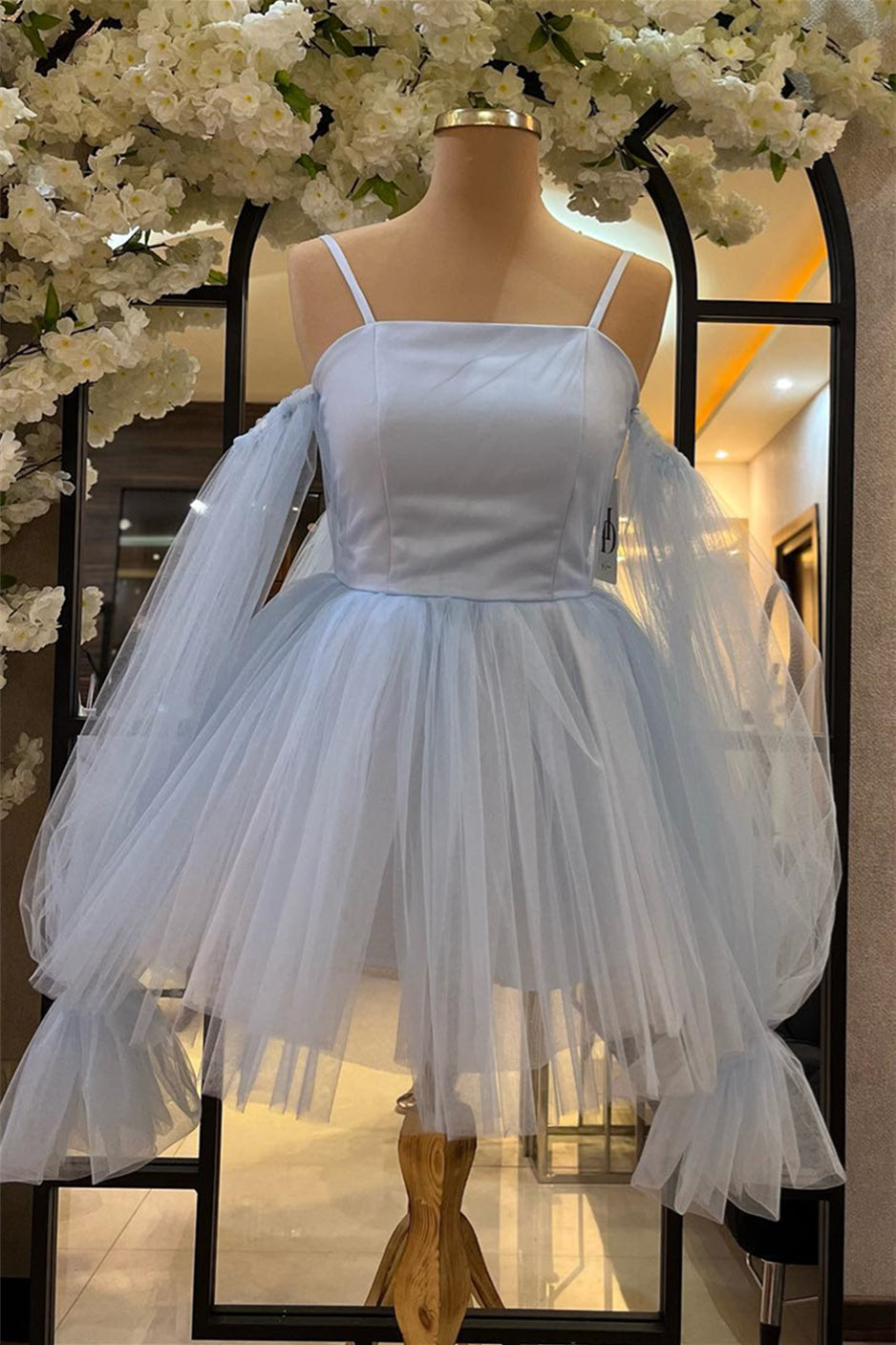 Summer Wedding Color, White Cold Shoulder Straps Puff Long Sleeves Homecoming Dress
