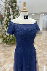 Homecoming Dress Style, Dark Blue Off-Shoulder Floral A-line Long Mother of Brides Dress