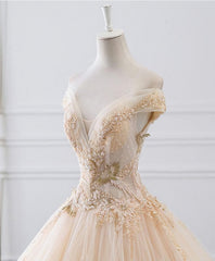 Wedding Dresses With Lace, Unique Champagne Tulle Lace Long Wedding Dress, Bridal Gown