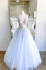 Short Formal Dress, Blue V-Neck Tulle Lace Long Prom Dresses, Elegant Blue Formal Dresses