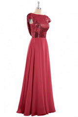 Prom Dress 2039, Burgundy Sequin Cap Sleeve Backless A-Line Bridesmaid Dress