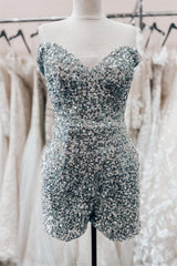 Evening Dresses Lace, Dusty Sage Off-the-Shoulder Sequins Sheath Homecoming Romper