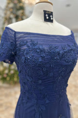 Homecoming Dresses Style, Dark Blue Off-Shoulder Floral A-line Long Mother of Brides Dress
