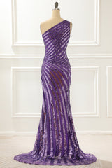 Formal Dress For Weddings Guest, One Shoulder Purple Sequin Prom Dress with Slit