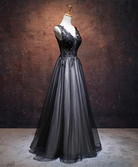 Bridesmaids Dresses Red, Black V Neck Tulle Lace Applique Long Prom Dress, Black Evening Dress, 1