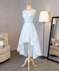 Party Dress Teen, Light Blue Lace High Low Prom Dress, Homecoming Dress