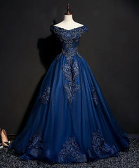 Bridesmaids Dresses Affordable, Blue Tulle Lace Off Shoulder Long Prom Dress, Blue Tulle Lace Evening Dress