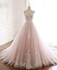 Party Dress Hair Style, Pink Sweetheart Lace Tulle Long Prom Dress, Lace Pink Evening Dress