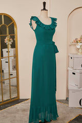 Party Dress Brands Usa, Teal Ruffled Neck A-line Long Bridesmaid Dress with Sash