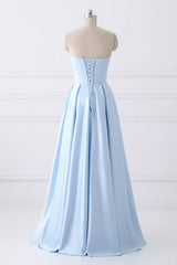 Bridesmaid Dress Idea, Light Blue A Line Floor Length Strapless Sleeveless Lace Up Prom Dresses