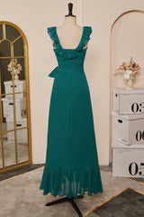 Party Dress Pinterest, Teal Ruffled Neck A-line Long Bridesmaid Dress with Sash