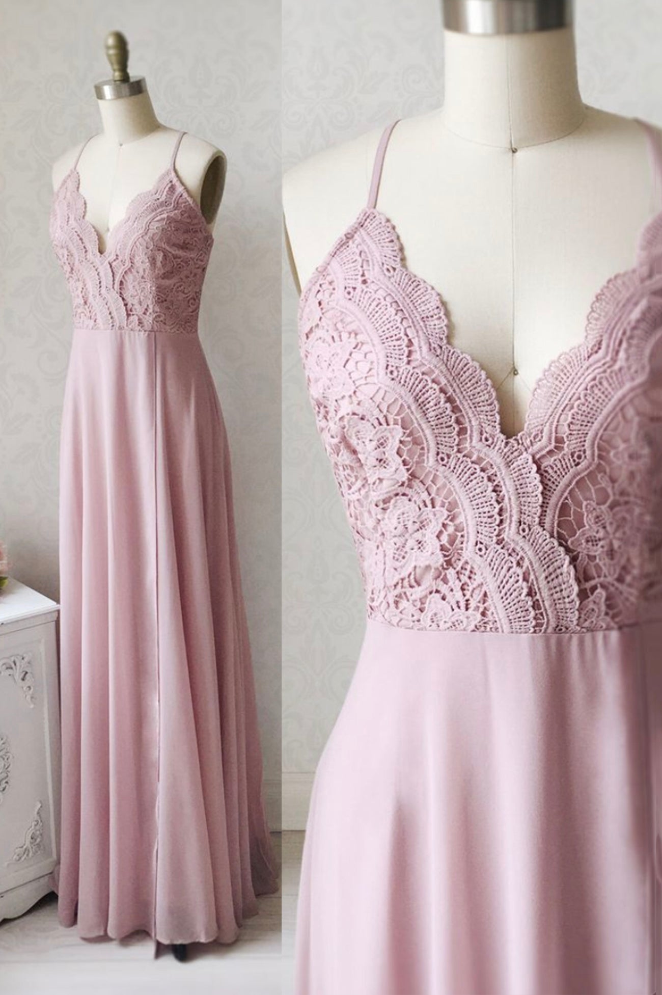 Prom Dresses2036, Pink Chiffon Lace Long Prom Dresses, V-Neck Spaghetti Strap Party Dresses