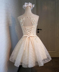 On Shoulder Dress, Champagne Lace Round Neck Short Prom Dress, Bridesmaid Dress