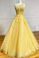 Formal Dresses Elegant, Yellow Lace One Shoulder Evening Dress, A-Line Tulle Long Prom Dress