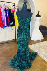 Party Dress Black, Hunter Green Strapless Mermaid Sequins Long Prom Dress