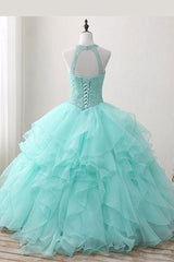 Black Wedding Dress, Mint Ball Gown Floor Length Halter Keyhole Back Beading Ruffles Prom Dresses