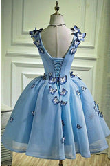Prom Dress For Sale, Elegant Butterfly Applique V Neck Sleeveless Short Homecoming Dresses