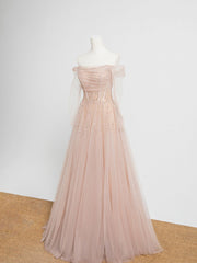 Design Dress, Champagne Pink Tulle Beads Long Prom Dress, Champagne Evening Dress