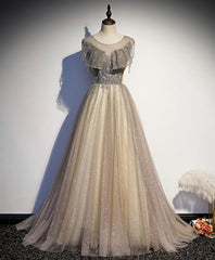 Prom Dress Ideas, Champagne Round Neck Sequin Long Prom Dress, Tulle Formal Dress