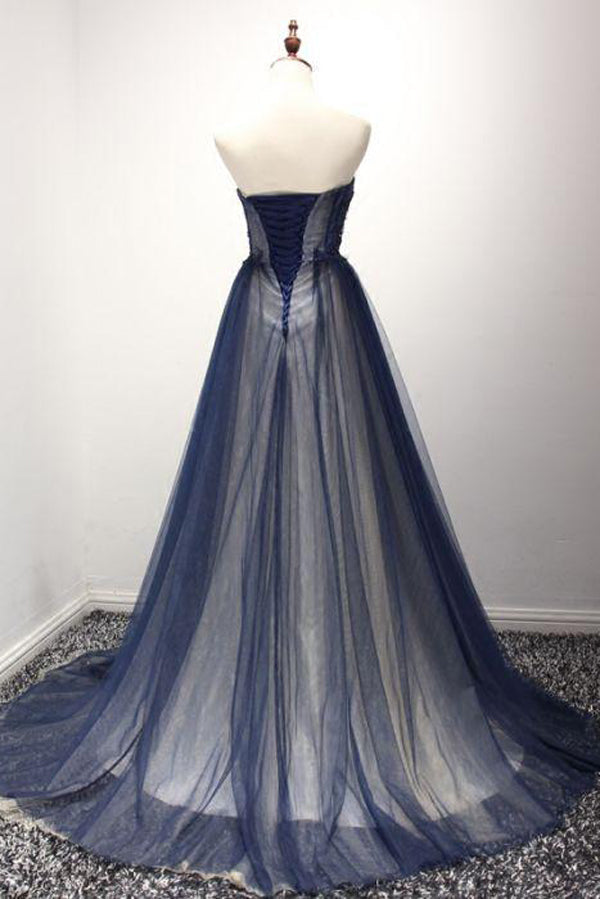 Prom Dresse Two Piece, Navy A Line Sweep Train Straight Sleeveless Mid Back Lace Up Prom Dresses