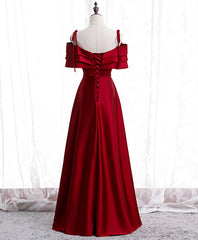 Formal Dresses Cheap, Burgundy Satin Beads Long Prom Dress, Burgundy Evening Dress