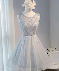 Party Dresses For Ladies, Gray Tulle Beads Short Prom Dress, Gray Homecoming Dress