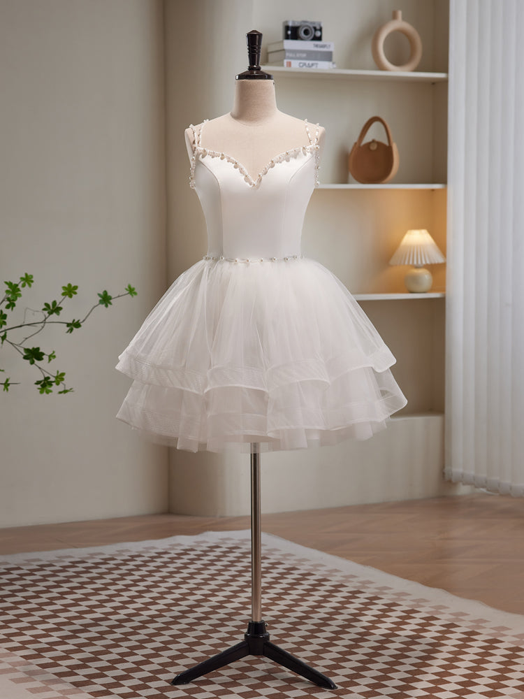 Formal Dresses For Sale, White Spaghetti Strap Tulle Short Prom Dress, Cute A-Line Party Dress