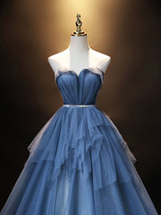 Bridesmaids Dresses Winter Wedding, Blue Sweetheart Neck Tulle Long Prom Dress, Blue Evening Dress
