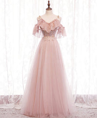 Autumn Wedding, Pink V Neck Tulle Lace Long Prom Dress, Pink Bridesmaid Dress, 1