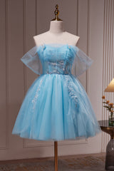 Bridesmaid Dresses Styles, Blue Off The Shoulder Beading Appliques Tulle Short Homecoming Dresses
