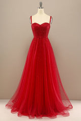 Evening Dresses With Sleeves, beautiful red sweetheart prom dress with beading