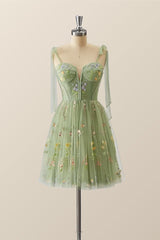 Prom Dress Long Open Back, Green Floral Tulle A-line Short Dress with Tie Shoulders