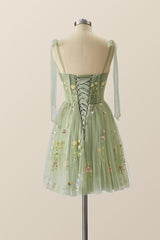 Prom Dresses Photos Gallery, Green Floral Tulle A-line Short Dress with Tie Shoulders