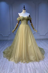 Prom Dresses Black Girls, Green Tulle Long A-Line Prom Dress, Off the Shoulder Evening Party Dress