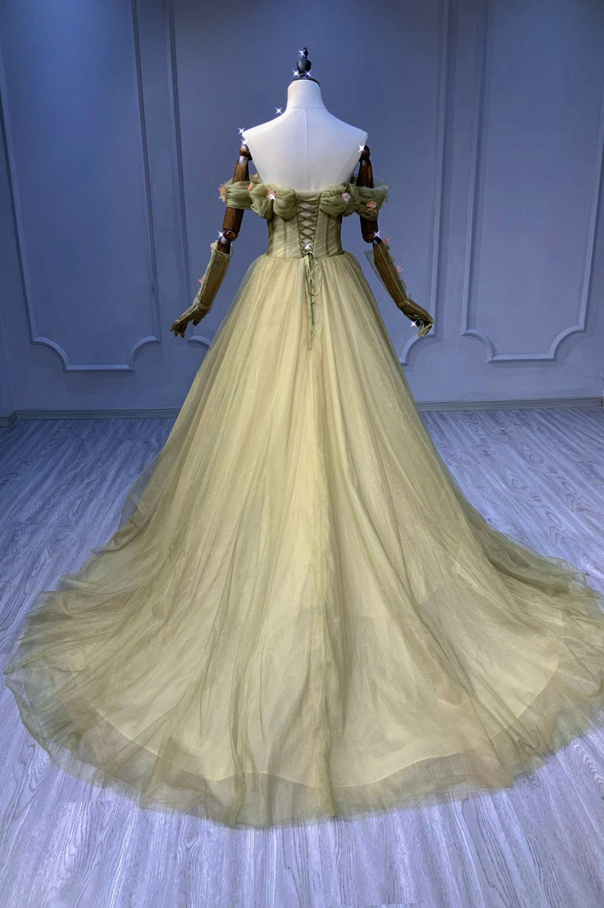 Prom Dresses Gold, Green Tulle Long A-Line Prom Dress, Off the Shoulder Evening Party Dress