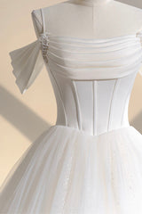 Wedding Dresses Designs, Ivory Tulle Off the Shoulder Formal Gown, Elegant A-Line Wedding Dress