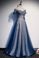 Formal Dress Elegant, Blue Tulle Sequins Long Prom Dress, A-Line Evening Dress
