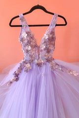 Evening Dress Online, Purple V-Neck Tulle Lace Long Prom Dresses, A-Line Evening Dresses