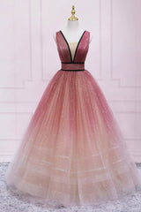 Bridesmaid Dresses Dusty Rose, Cute Ombre Tulle V-Neck Long Party Dress, A-line Prom Dress