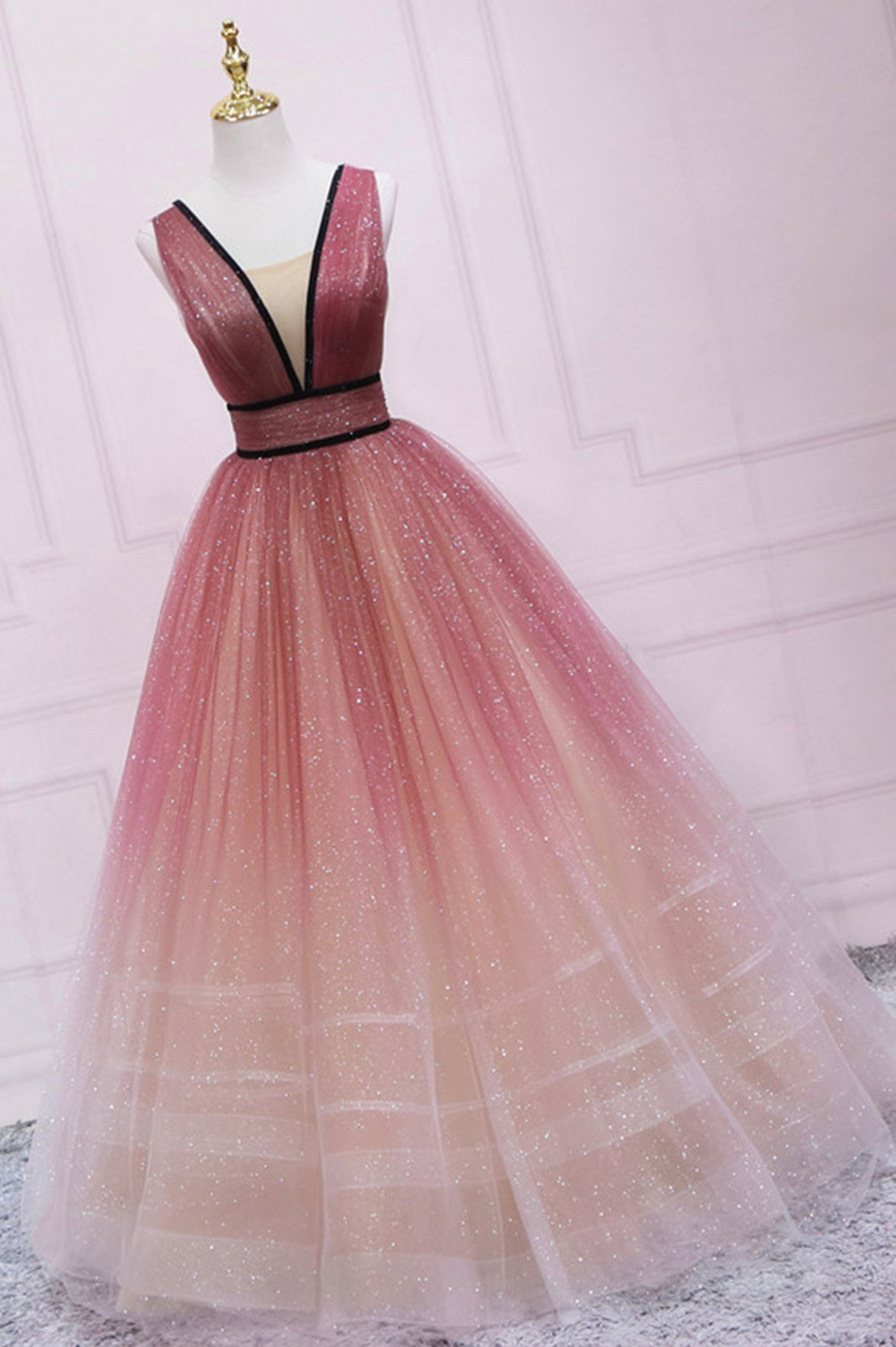 Bridesmaid Dress Blushing Pink, Cute Ombre Tulle V-Neck Long Party Dress, A-line Prom Dress