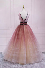 Bridesmaids Dresses Blush Pink, Cute Ombre Tulle V-Neck Long Party Dress, A-line Prom Dress