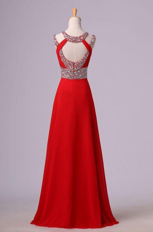 Prom Dresses Long Sleeves, 2024 Gorgeous Red Beading Open Back Chiffon Prom Dresses